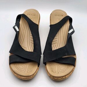 Crocs A Leigh Cork Wedge Sandals Slingback Peep Toe Black Leather Womens Size 10